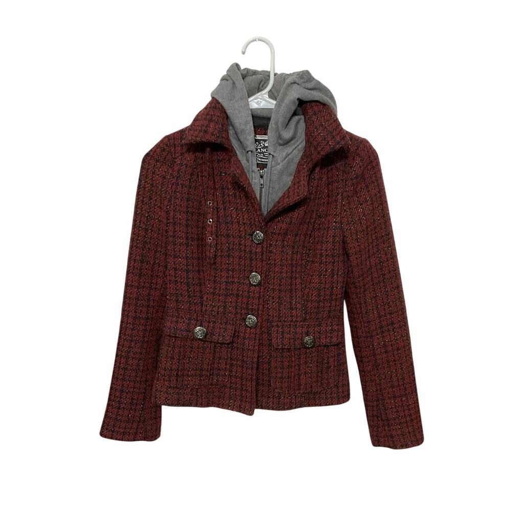 BLANC NOIR Women's Double layer Wool Jacket Red Black Plaid Sz Small Grey Hoodie